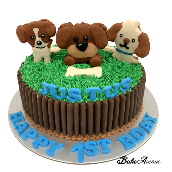 Dog Macaron Topper Cake with chocolate fingers