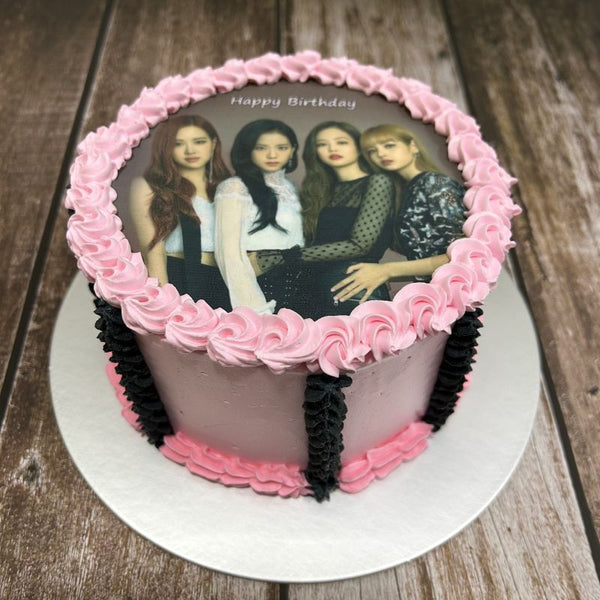 Kpop Black Pink icing image Ombre Cake (Smooth Finish with black Stripes)