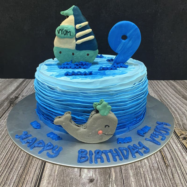 Sea/Beach Theme with Dolphin & Yacht Macaron Toppers Ombre Cake
