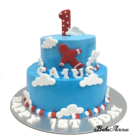 2-Tiers Cake (1st Birthday) - Clouds/Plane Design