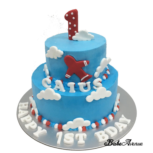 2-Tiers Cake (1st Birthday) - Clouds/Plane Design