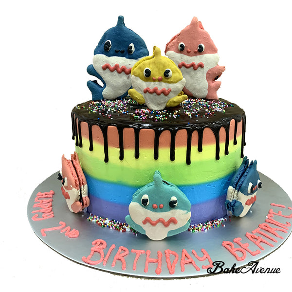 Baby Shark Macaron Toppers Drip Rainbow Cake