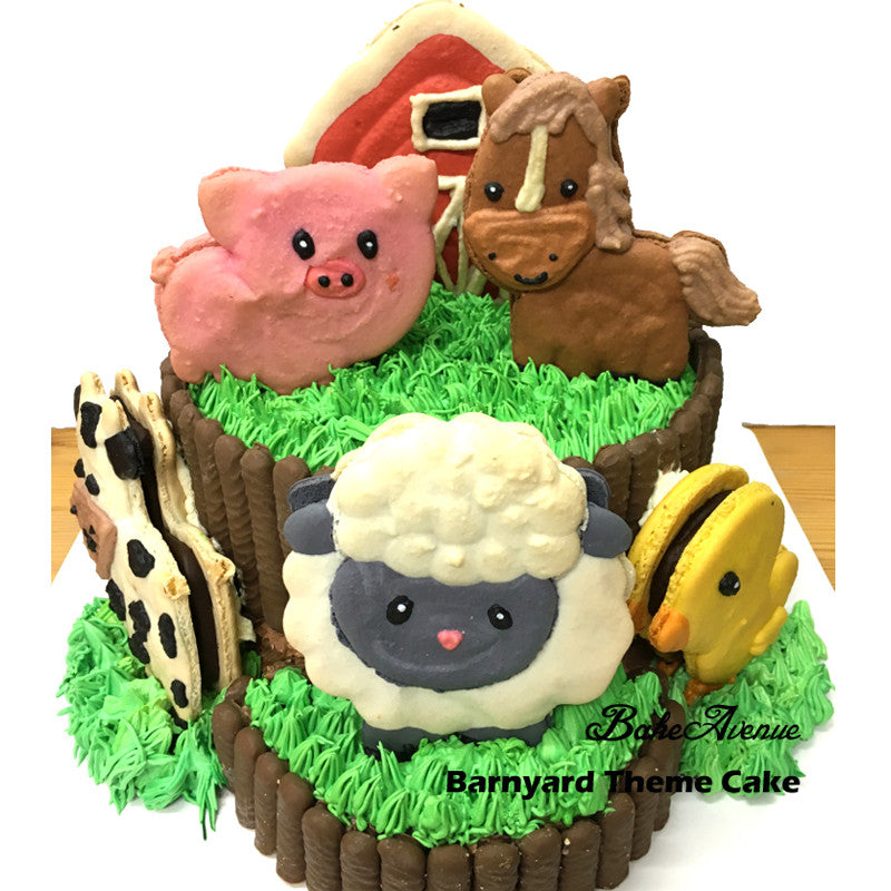 Barnyard Theme Cake (with large animal macarons & chocolate fingers)