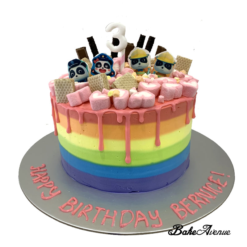 Baby Bus - Kiki & Miu Miu Edibile Image on fondant Drip Rainbow Cake