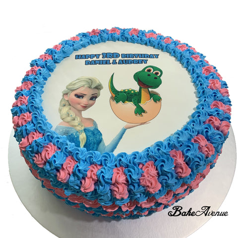 Frozen & Dinosaur icing image Ombre Cake (Dual Themes)