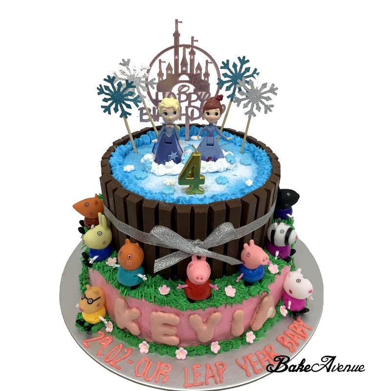 Frozen 2 Tiers Kit Kat Ombre Cake with toppers (with Peppa Pig theme)
