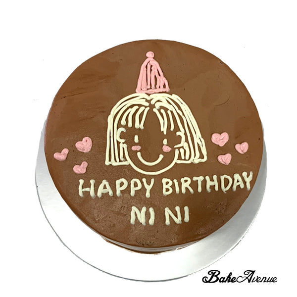 Chocolate Mousse Cake with hand drawn girl + birthday msg