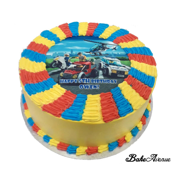Lego Theme icing image Ombre Cake - Lego City (Smooth Finish With Red/blue/yellow skirting)