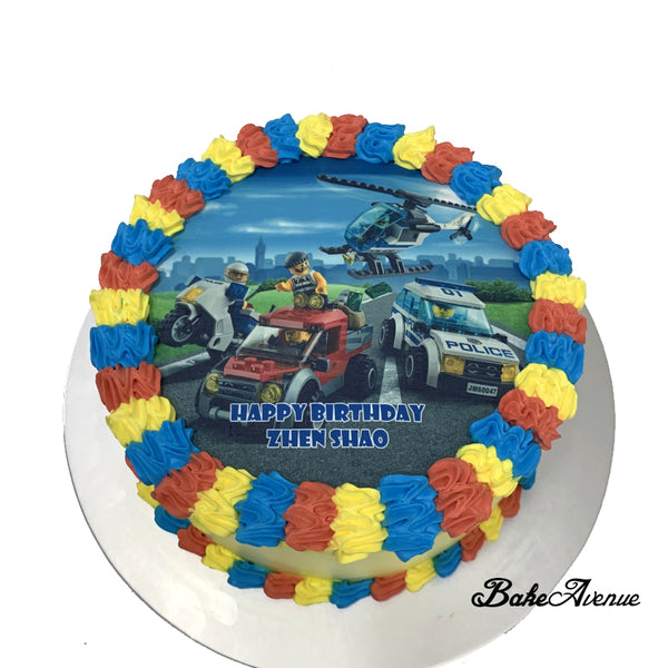 Lego Theme icing image Ombre Cake - Lego City (Smooth Finish With Red/blue/yellow skirting)