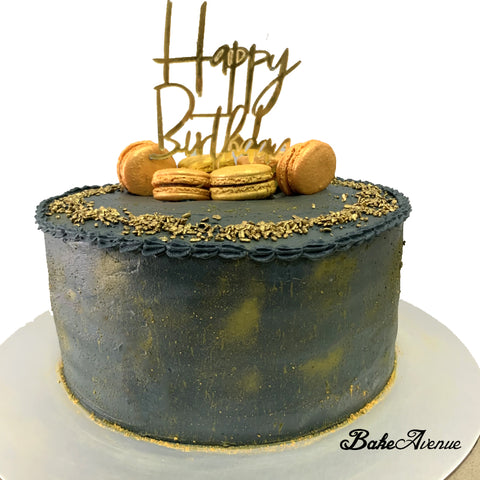 Money Pulling Ombre Cake with macarons (Smooth Finish) - Black Gold Theme