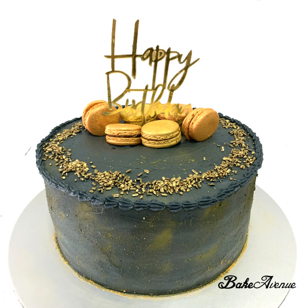 Money Pulling Ombre Cake with macarons (Smooth Finish) - Black Gold Theme