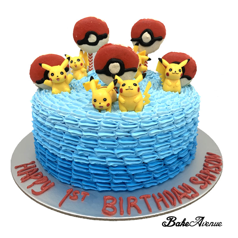 Pokemon Ombre Cake (with small Pikachu toppers and pokeball macarons)