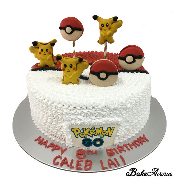 Pokemon Pokeball Cake (with small Pikachu and pokeball macarons)