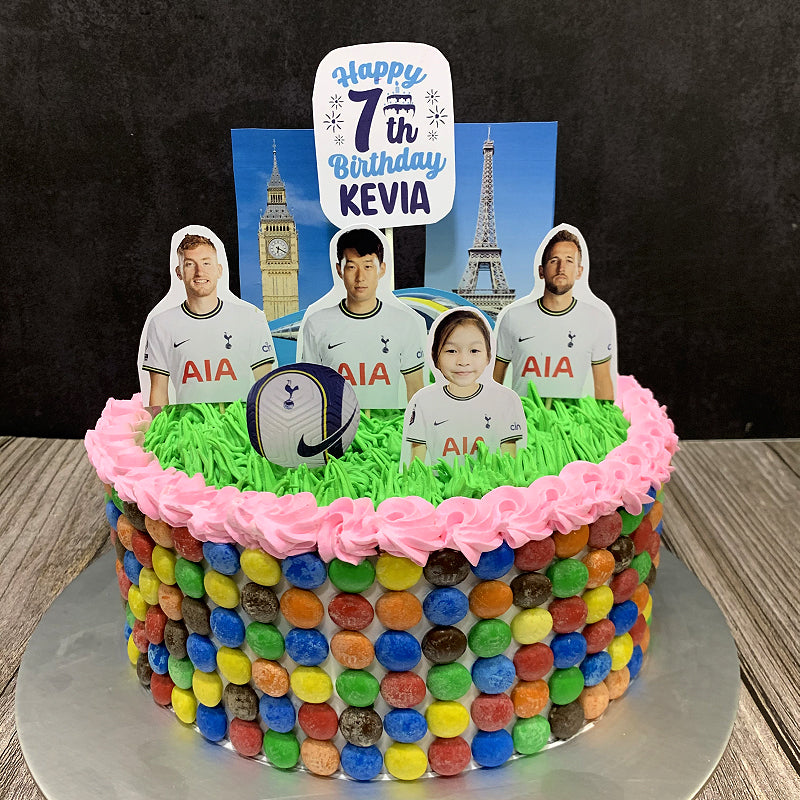Sports Soccer M&M CHOC Cake with customised paper toppers (Tottenham Hotspur Football)
