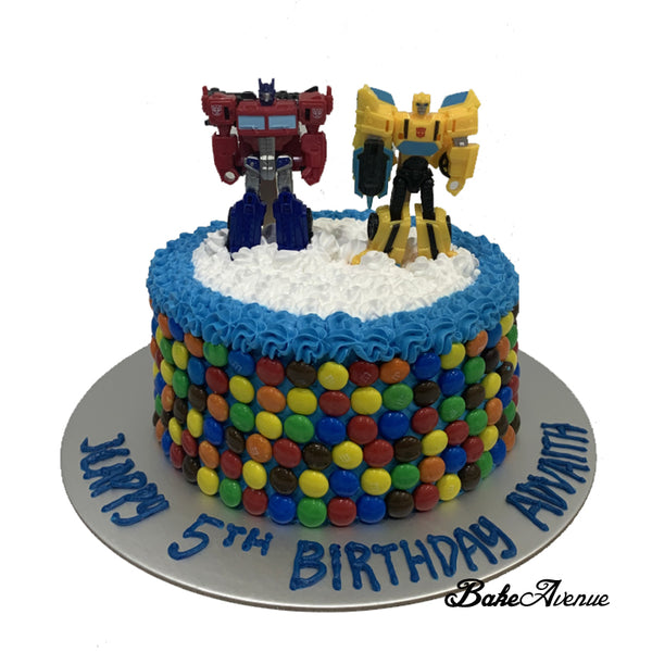 Transformer M&M Chocolate Cake with toppers